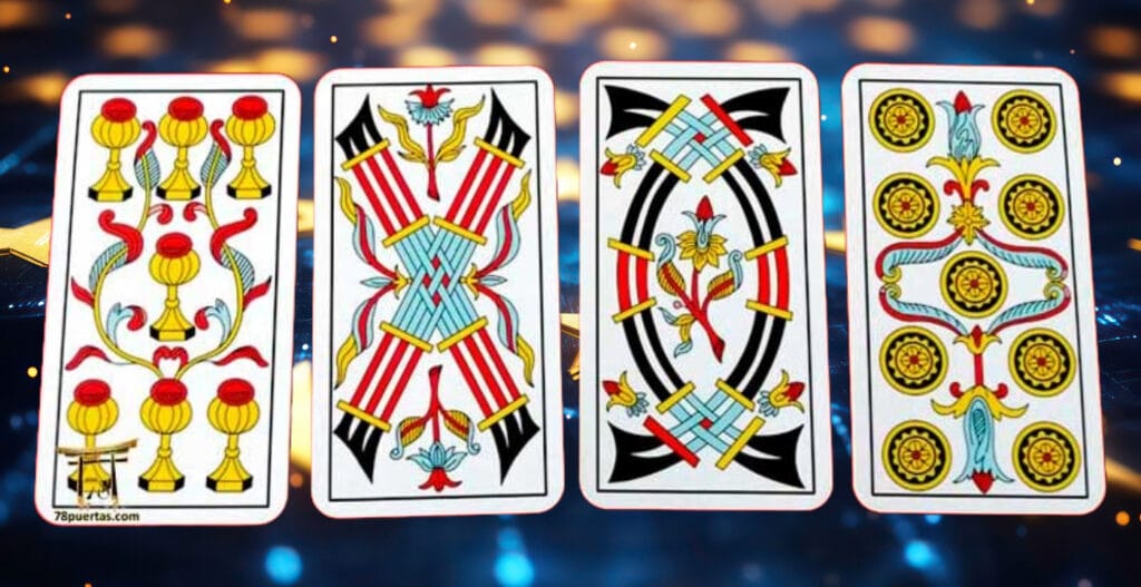Arcanos Menores - Tarot de Marsella. De izquierda a derecha: 7 de Copaas, 6 de Bastos, 4 de Espadas y 9 de Oros.