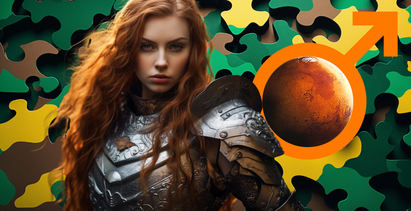Marte en Astrología - Mujer pelirroja, guerrera con armadura mirando de frente, al lado del ícono de Marte, con el planeta Marte al centro.