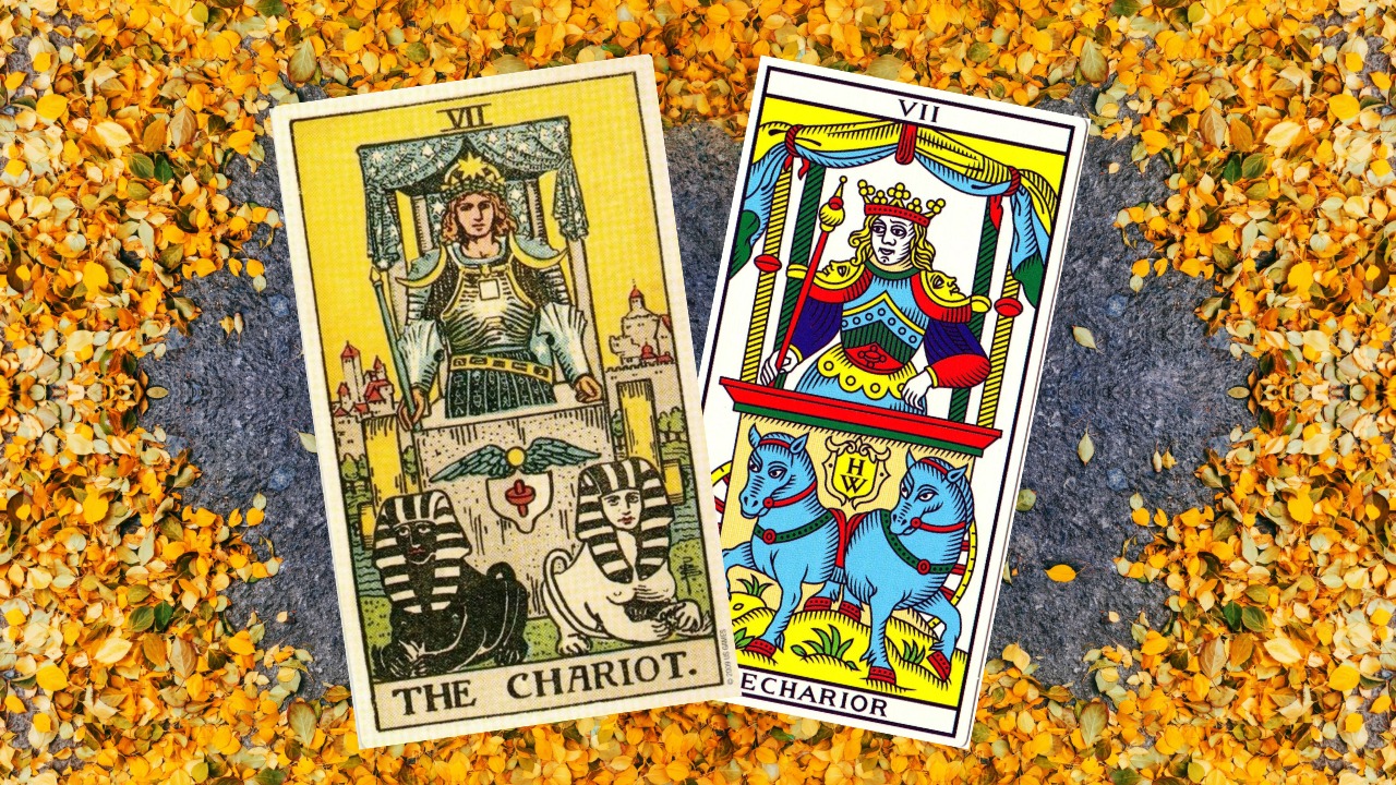 El Carro, Arcano 7 del Tarot Raider Waite a la izquierda y de Marsella a la derecha