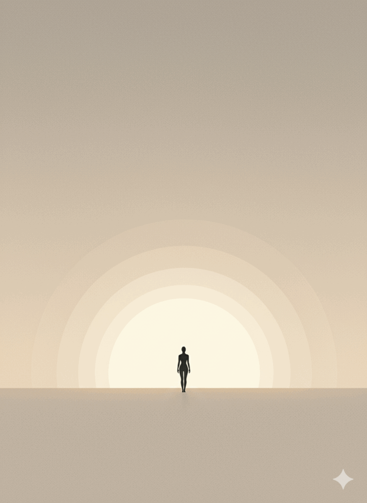 Figura humana frente a un sol naciente en el horizonte, representación del proceso de integración interior y autoconocimiento