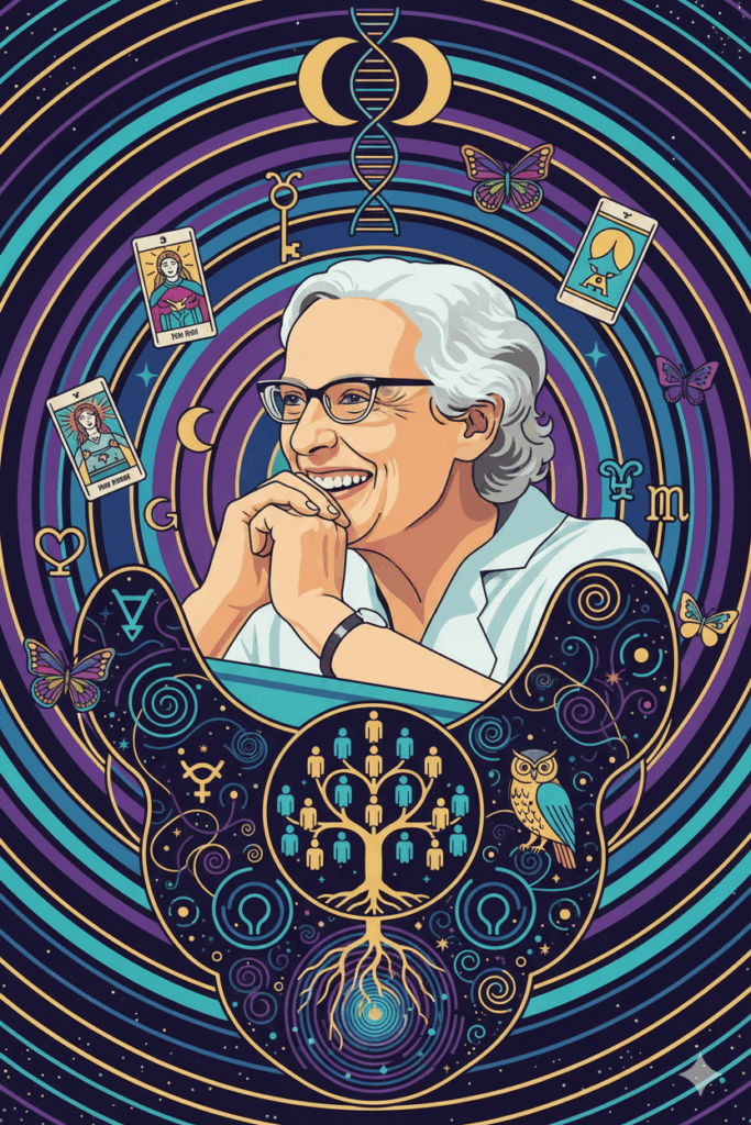 Ilustración de diseño pop con elementos místicos donde se vea a Marie-Louise von Franz destacada psicoanalista, erudita y la colaboradora más cercana de Carl Gustav Jung