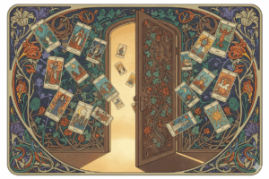 Puerta entreabierta con luz dorada y cartas de tarot flotantes, ilustración art nouveau representando el umbral hacia el autoconocimiento de consultantes del tarot
