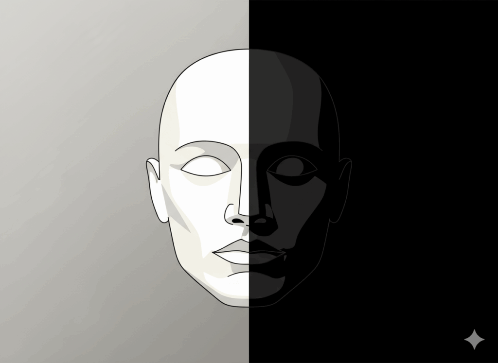 Rostro dividido entre luz y sombra que simboliza la tensión entre el Ego consciente y la Sombra inconsciente.
