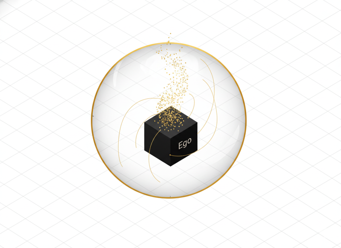 Diagrama isométrico de un cubo (Ego) disolviéndose en una esfera transparente y dorada (Sí Mismo), ilustrando el proceso de Individuación de Jung.