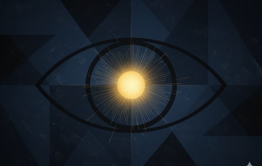 Ojo humano estilizado con un iris de luz dorada brillante sobre un fondo oscuro, simbolizando el Sol como el centro de la conciencia.