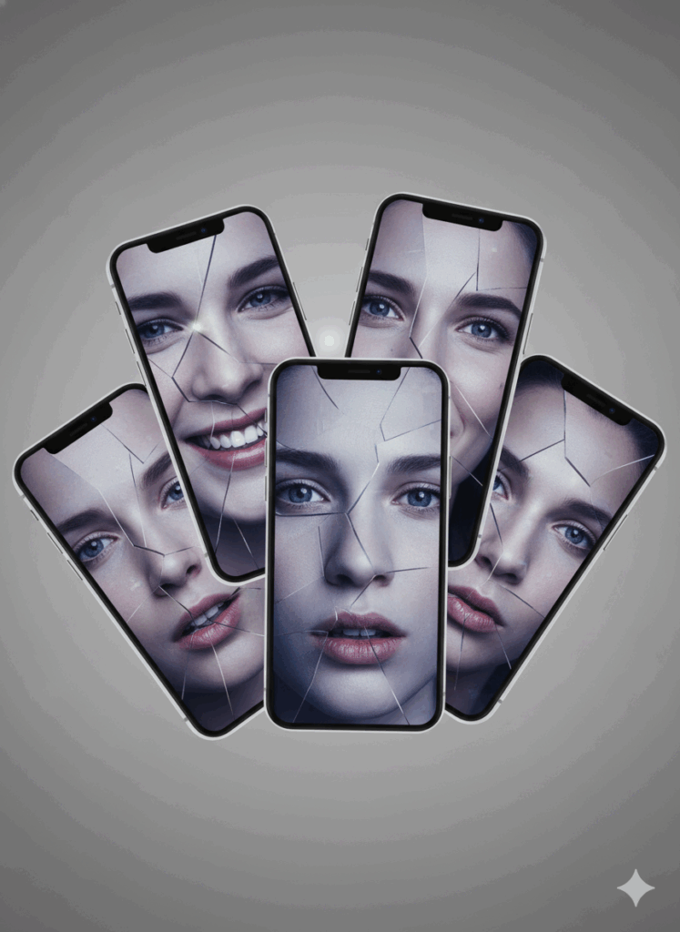 Pantallas de teléfonos que reflejan rostros fragmentados, símbolo del ego digital y la identidad performática.