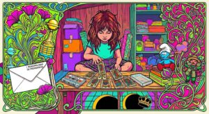 Una niña viendo cartas de tarot en un cuarto desordenado. En estilo Art Noveau