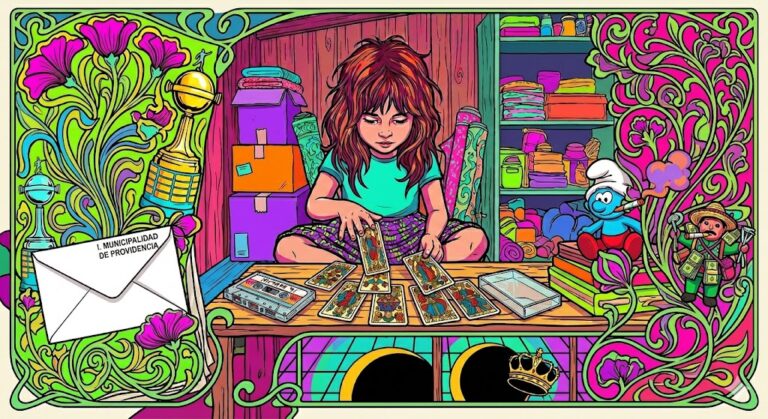 Una niña viendo cartas de tarot en un cuarto desordenado. En estilo Art Noveau